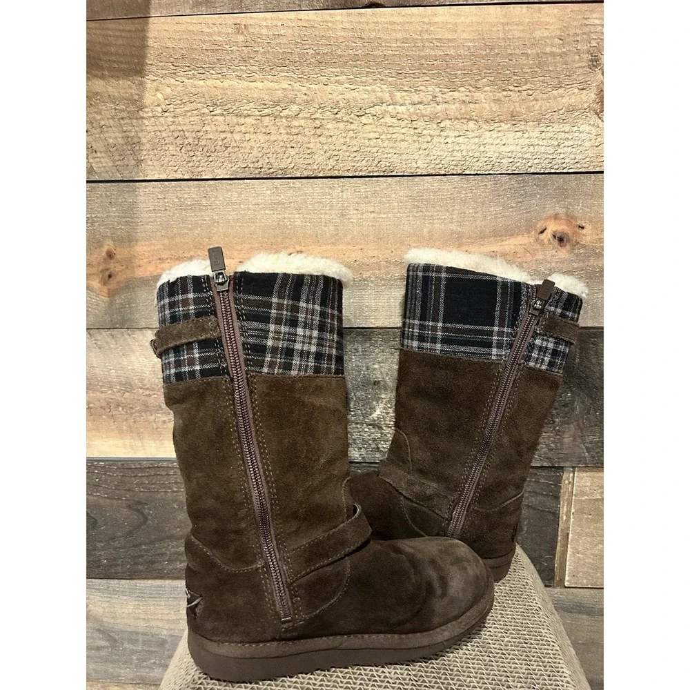 Ugg  Girls Winter Tall Maura Brown Suede Plaid Buckle‎ Zipper Boot Size 1 3286